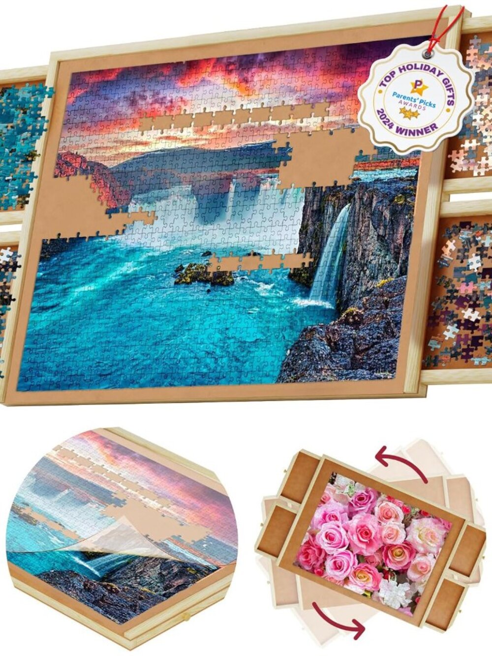 Rotating 1000 Piece Wooden Puzzle Board | 30" x 22" Puzzle Table